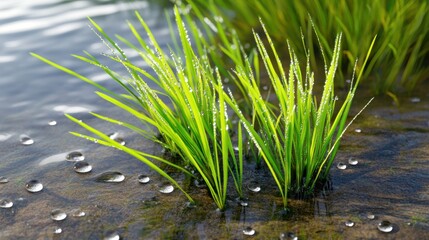 Fototapeta premium Morning Dew Glistens on Vibrant Grasses in a Serene Wetland Landscape
