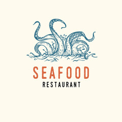Seafood cover design template. Octopus tentacles in hand drawn sketch style. Best for nautical and marine designs. Vector illustration.