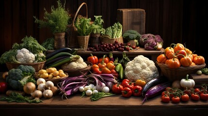 A photo of a rustic display of organic heirloom vegetable