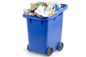 Paper garbage in a blue recycling bucket isolated on a white background