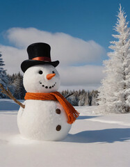 Fototapeta premium snowman in the forest,Snowman in the Forest - A Delightful Snowman Standing Amidst Snowy Trees, Capturing the Magic of Winter and Nature