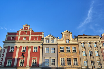 facades of historic tenement houses on the market square in the city of Poznan, Poland