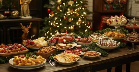 Naklejka premium Christmas Dinner Table with Festive Dishes. AI generated illustration.