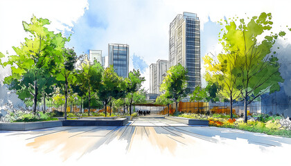 Obraz premium Sketch of urban space trees roads and buildings 