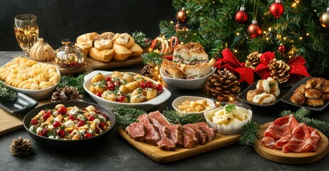 Fototapeta premium Christmas Dinner Table with Festive Dishes. AI generated illustration.