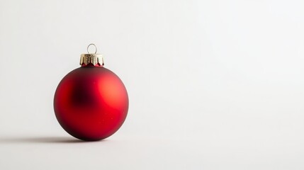 Single red Christmas ornament on white background. Festive decoration.
