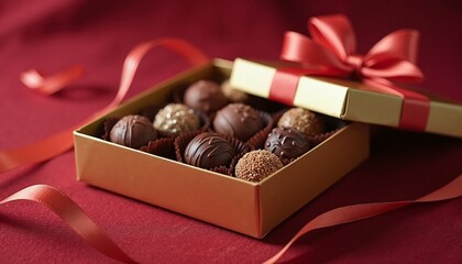 Luxurious chocolate truffles in golden gift box, romantic treat