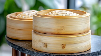 Bamboo Steamer Baskets on a Modern Kitchen Countertop Display