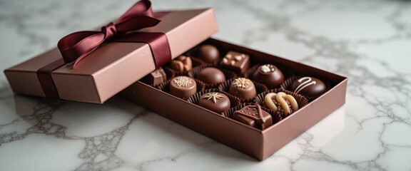 Luxury chocolate box with burgundy ribbon, indulgent treat