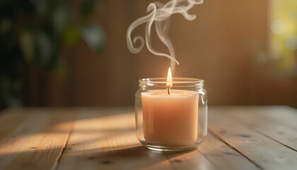 Aromatherapy candle with a warm ambiance glowing on a wooden table, peaceful atmosphere