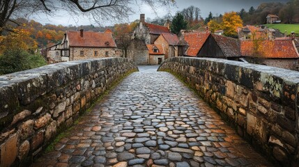 Medieval stone bridge leading into a small village with cobbled streets and historic houses.