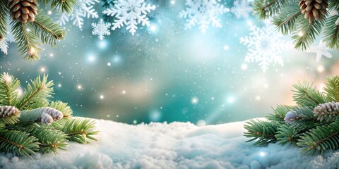 Abstract New Year background with fir branches, cones, snow on a contrasting background