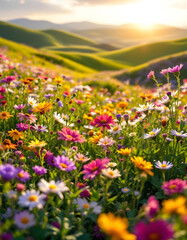 Obraz premium Field of flowers with the sun shining in the background