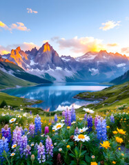 Beautiful mountain view with flowers and lake
