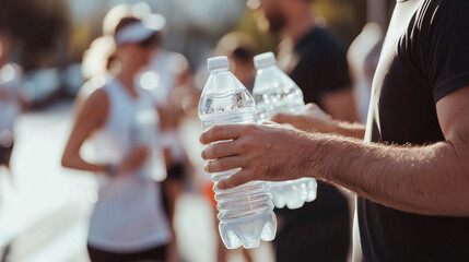 Volunteers Distributing Water Bottles to Runners at Charity Marathon