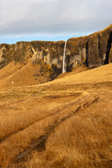 Mountain and waterfall Foss a Sidu, south Iceland