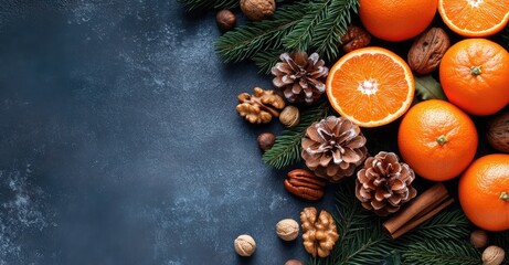 Christmas Food Background with Tangerines and Spices. AI generated illustration.