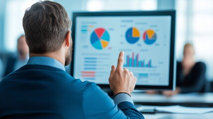 A professional discusses analytical data and charts displayed on a computer screen during a business meeting.