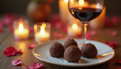 Romantic dessert with chocolate truffles and wine, Valentine's Day
