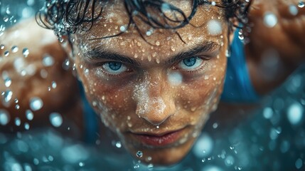 A close-up of a young swimmer's intense expression, surrounded by water droplets.