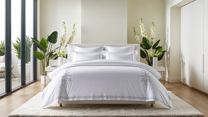 Hypoallergenic White Bedding in Bright Bedroom with Greenery and Minimalist Design