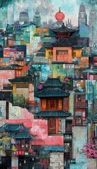 Fototapeta premium A vibrant urban depiction of a modern Chinese city with traditional elements