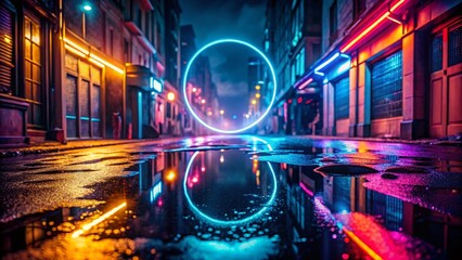 Enchanted Neon Lights Reflecting in Puddles on an Empty Dark Street at Night with Magical Glow and Smoke Effects in a Captivating Urban Scene