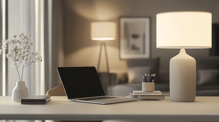 Fototapeta premium A modern workspace with laptop, lamp and stationery on a white table over