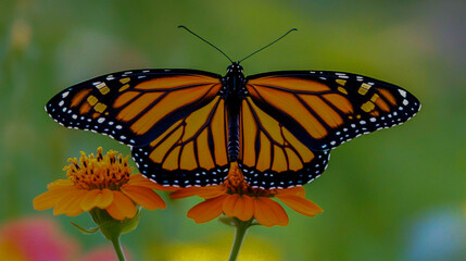 Obraz premium Orange monarch butterfly perched on a vibrant flower, with a soft, blurred background