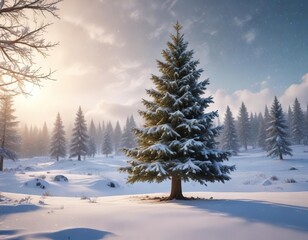 Fototapeta premium Christmas Tree in Winter Landscape with Snowflakes , serene, holiday