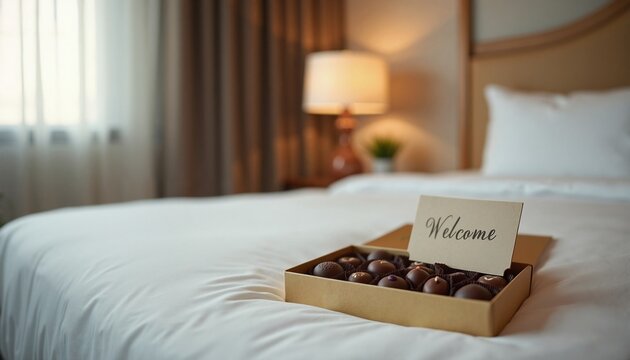 Welcoming hotel room with chocolates, comfort and hospitality