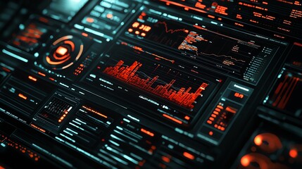 Obraz premium Digital dashboard displaying liquidity and capital cost analysis, vibrant UI, closeup view, high contrast, sharp financial charts, focused workspace design