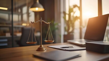 A scale of justice on a wooden table in a courtroom or law office