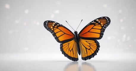 Fototapeta premium Colorful monarch butterfly on a white background with subtle reflections, isolated, calm