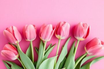 Naklejka premium Pink tulips on a pink background in a minimalist flat lay style, banner layout with ample copy space for text.