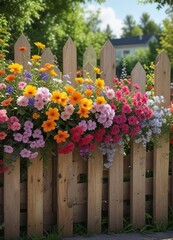 Fototapeta premium A beautiful, colorful floral arrangement on a wooden fence in a spring garden, soft bokeh, vibrant colors, garden decoration