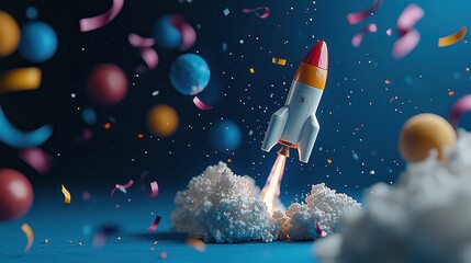 Galaxy outer space party Rocket launching amid colorful confetti and planets against a blue backdrop.