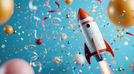 Galaxy outer space party Rocket launching amidst colorful confetti and balloons creates a festive atmosphere.