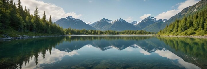 A tranquil mountain lake in Haines Alaska reflects the vibrant green hues of the surrounding foliage, haines alaska, mountain lake