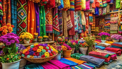 Fototapeta premium Colorful and vibrant market scene with exotic flowers and textiles, lively atmosphere, diverse patterns, global marketplace, ornate decorations