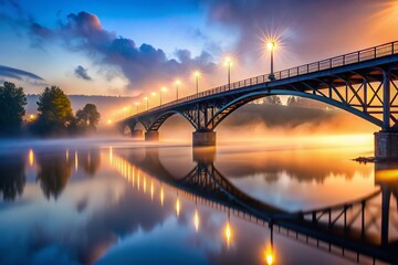 Naklejka premium Ethereal Fog Enveloping a Majestic Bridge at Dawn, Creating a Serene Atmosphere in Nature's Embrace with Reflections on Water and Soft Light Filtering Through the Mist