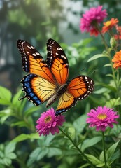 Obraz premium A butterfly perched on a colorful flower stem with green leaves and stems in the background, flowers, scenery, fauna