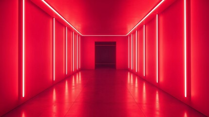 Fototapeta premium Atmospheric Red Interior Featuring Subtle Lighting Effects and Simple Symmetrical Lines for an Elegant Look, 雰囲気ある赤い室内とシンプルな対称ラインが織りなすエレガントな外観と繊細な照明効果.Generative AI