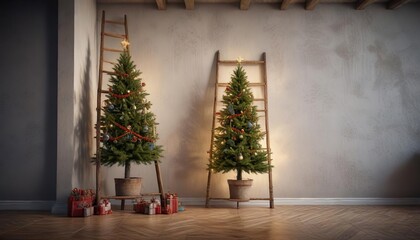 Fototapeta premium A Christmas tree with a ladder on top of it leaning against a wall, Cozy Interior, Christmas Tree Topper
