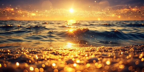 Ethereal Waves of Light: A Surreal Scene of Shimmering Particles and Golden Glow Illuminating an Otherworldly Ocean Landscape