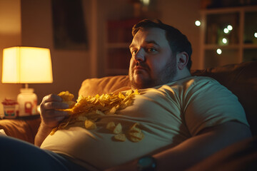A man lying on a couch covered in chips, eating mindlessly, highlighting the harmful habit of overeating