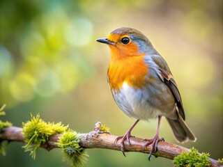Fototapeta premium European Robin Bird Perched on a Tree Branch in a Natural Setting with Blurred Background - Capturing the Beauty of Wildlife in Nature