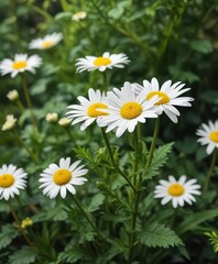 Obraz premium A delicate white and yellow daisy amidst the greenery, peaceful, detail,