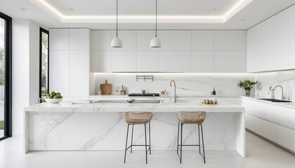 Minimalist Kitchen with Open Layout Featuring a White Marble Island and Seamless Design