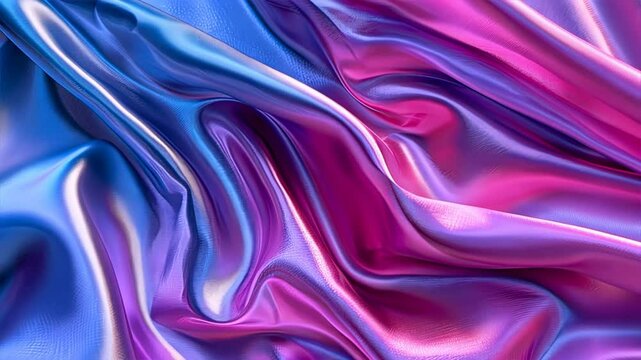 Vibrant blue and pink satin fabric with smooth texture and elegant draping creates colorful interplay of hues, showcasing stunning visual effect.